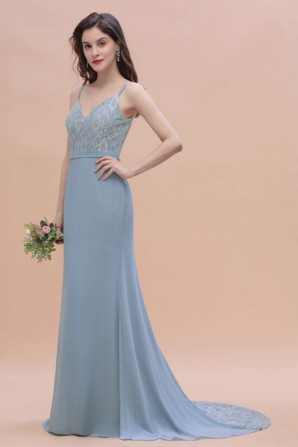 Elegant Mermaid Chiffon Lace Dusty Blue Bridesmaid Dresses with Spaghetti Straps On Sale - Fashionpara