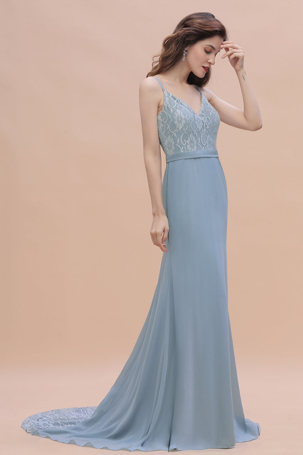 Elegant Mermaid Chiffon Lace Dusty Blue Bridesmaid Dresses with Spaghetti Straps On Sale - Fashionpara