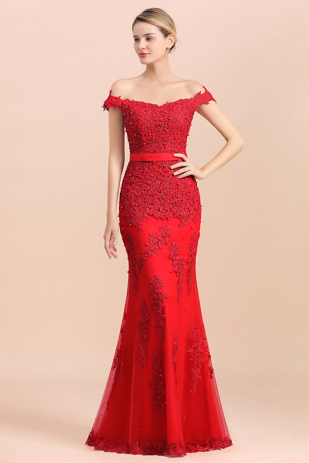 Elegant Mermaid Off the Shoulder Red Lace Appliques Bridesmaid dresses - Fashionpara