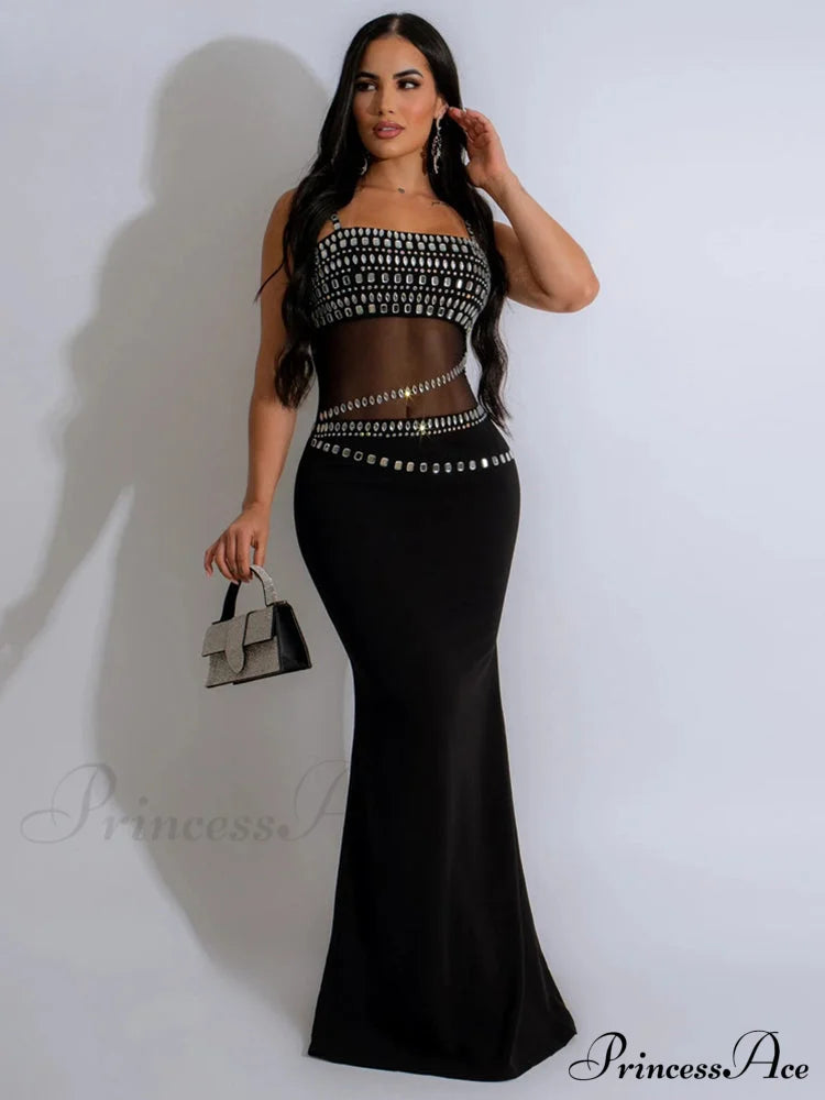 Elegant Mesh See Through Rhinestones Strap Sleeveless Red Christmas Party Dress Black / S Dresses-L