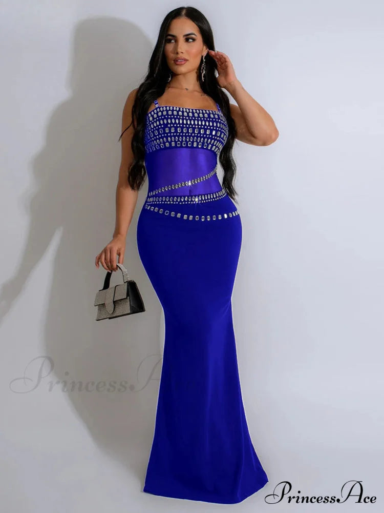 Elegant Mesh See Through Rhinestones Strap Sleeveless Red Christmas Party Dress Blue / S Dresses-L