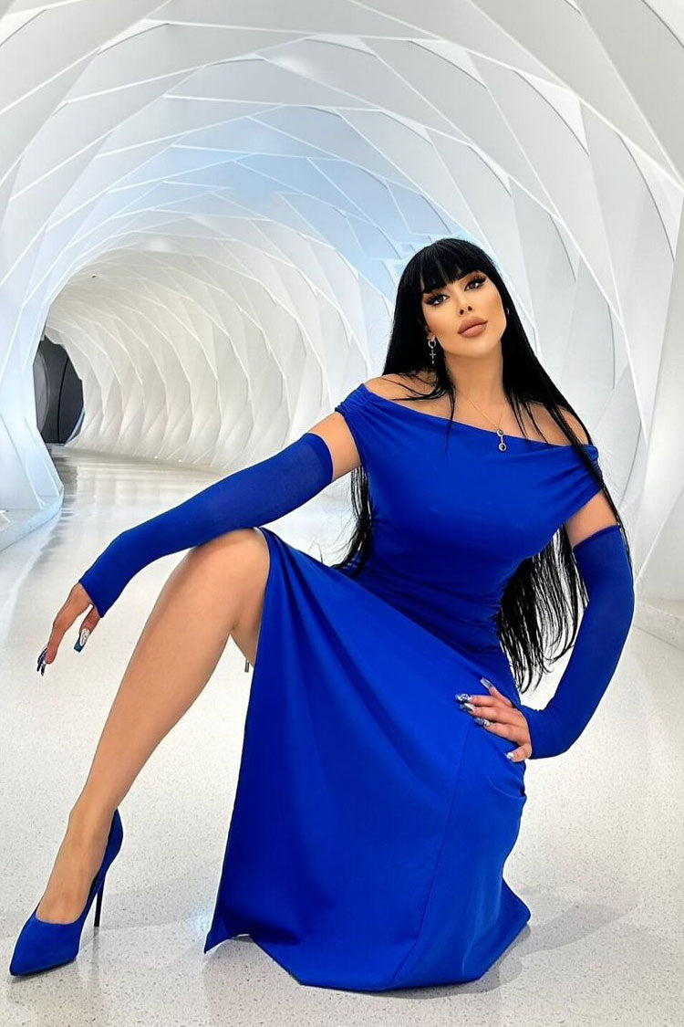 Elegant Off Shoulder Ruched Size Zip Split Evening Maxi Dress - Royal Blue Fashionpara