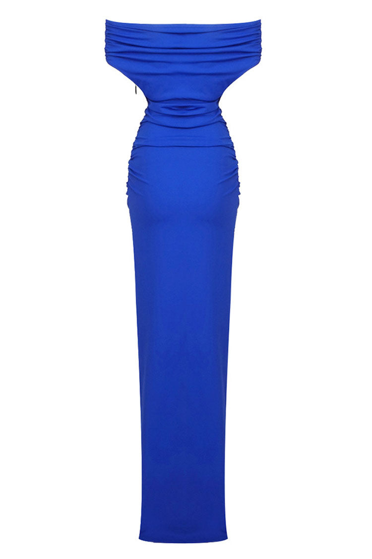 Elegant Off Shoulder Ruched Size Zip Split Evening Maxi Dress - Royal Blue Fashionpara