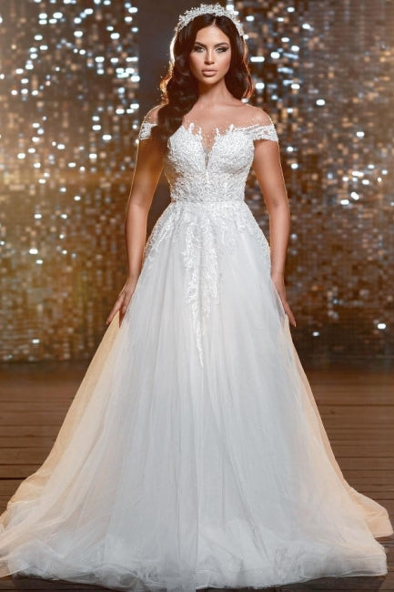 Elegant Off-the-Shoulder Jewel Cap Sleeve A-Line Lace Wedding Gown - Fashionpara