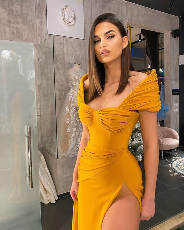 Elegant Off-the-Shoulder Mermaid Evening Dress Long Slit - Fashionpara