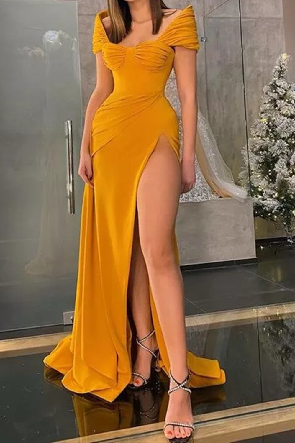 Elegant Off-the-Shoulder Mermaid Evening Dress Long Slit - Fashionpara