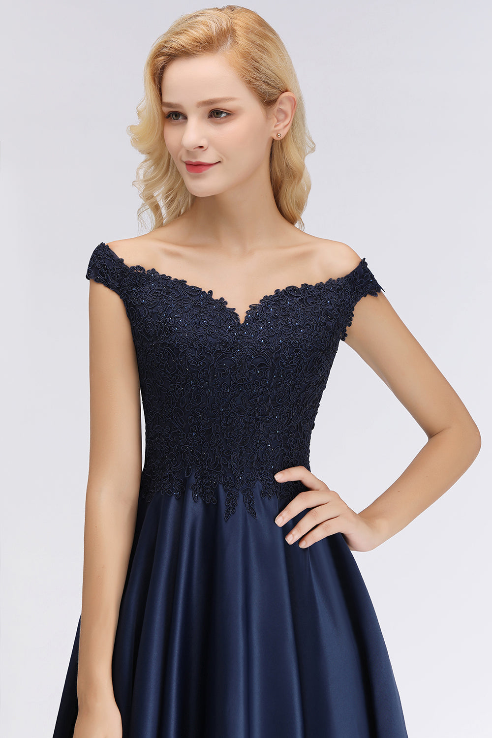 Elegant Off-the-Shoulder Ruffle Navy Lace Bridesmaid dresses with Beads - Fashionpara