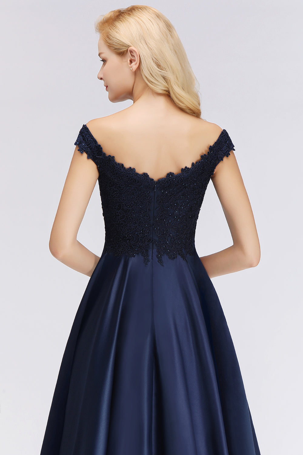 Elegant Off-the-Shoulder Ruffle Navy Lace Bridesmaid dresses with Beads - Fashionpara