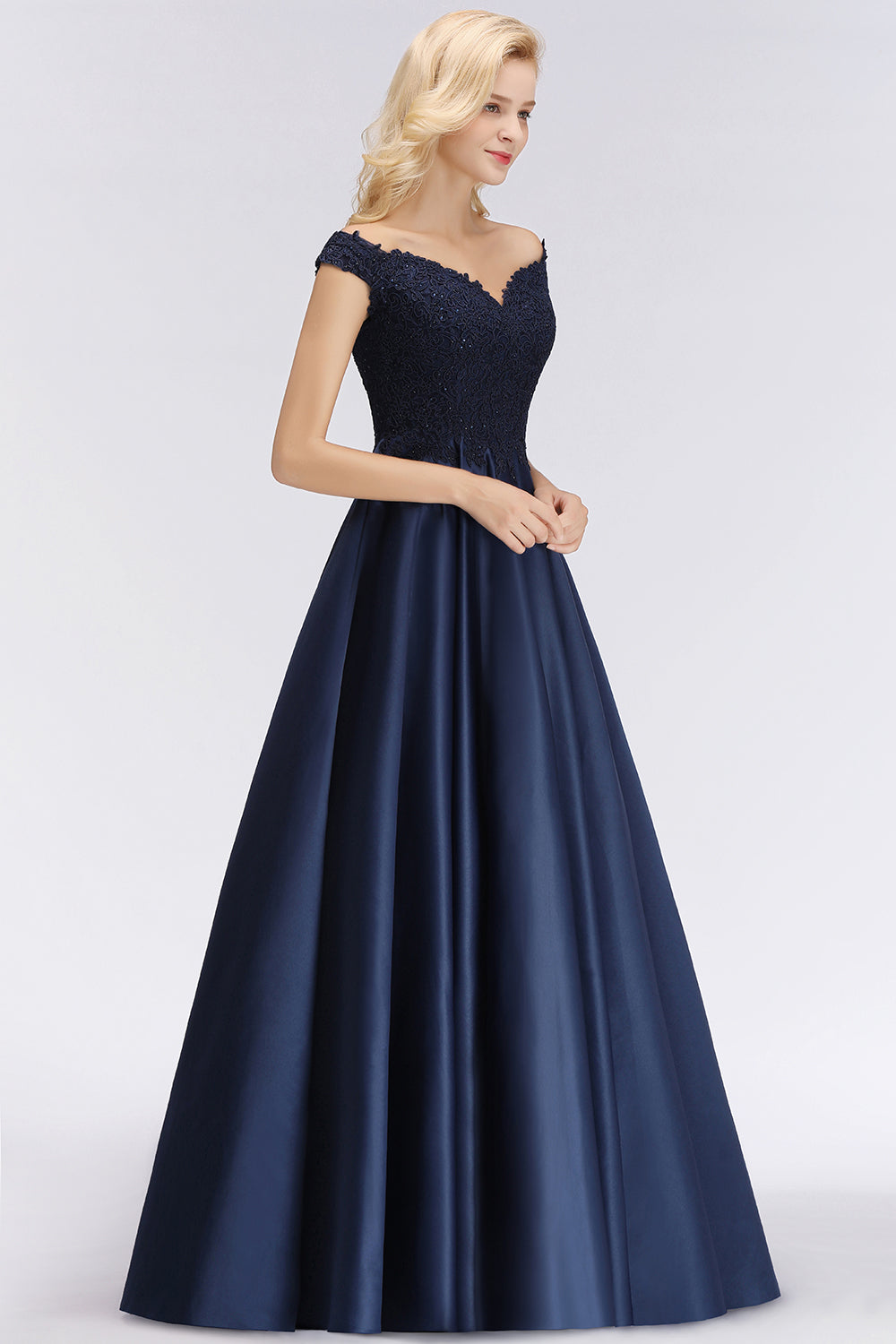 Elegant Off-the-Shoulder Ruffle Navy Lace Bridesmaid dresses with Beads - Fashionpara