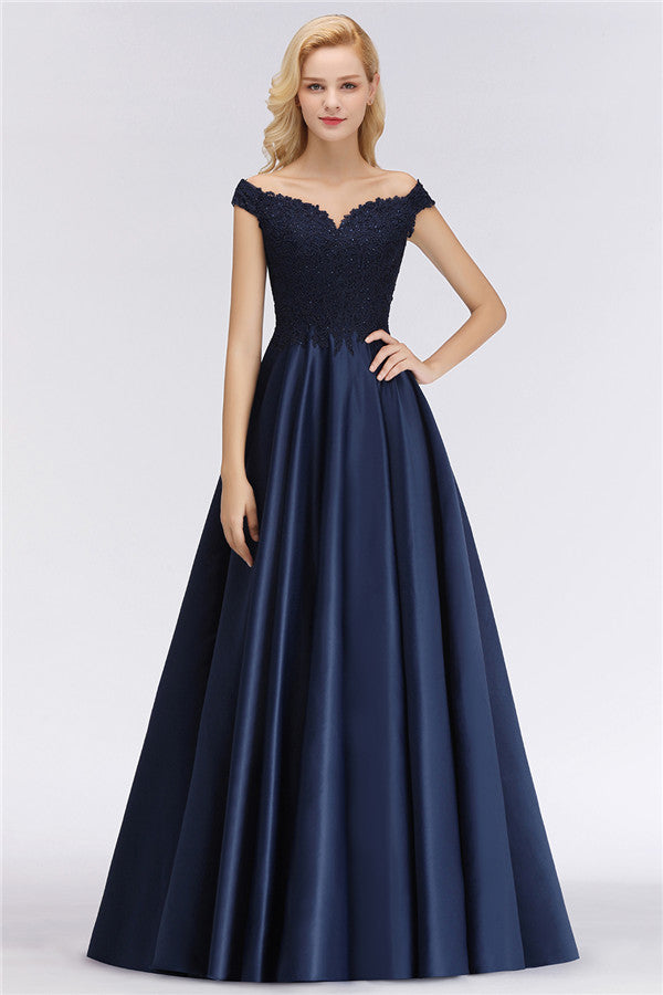 Elegant Off-the-Shoulder Ruffle Navy Lace Bridesmaid dresses with Beads - Fashionpara