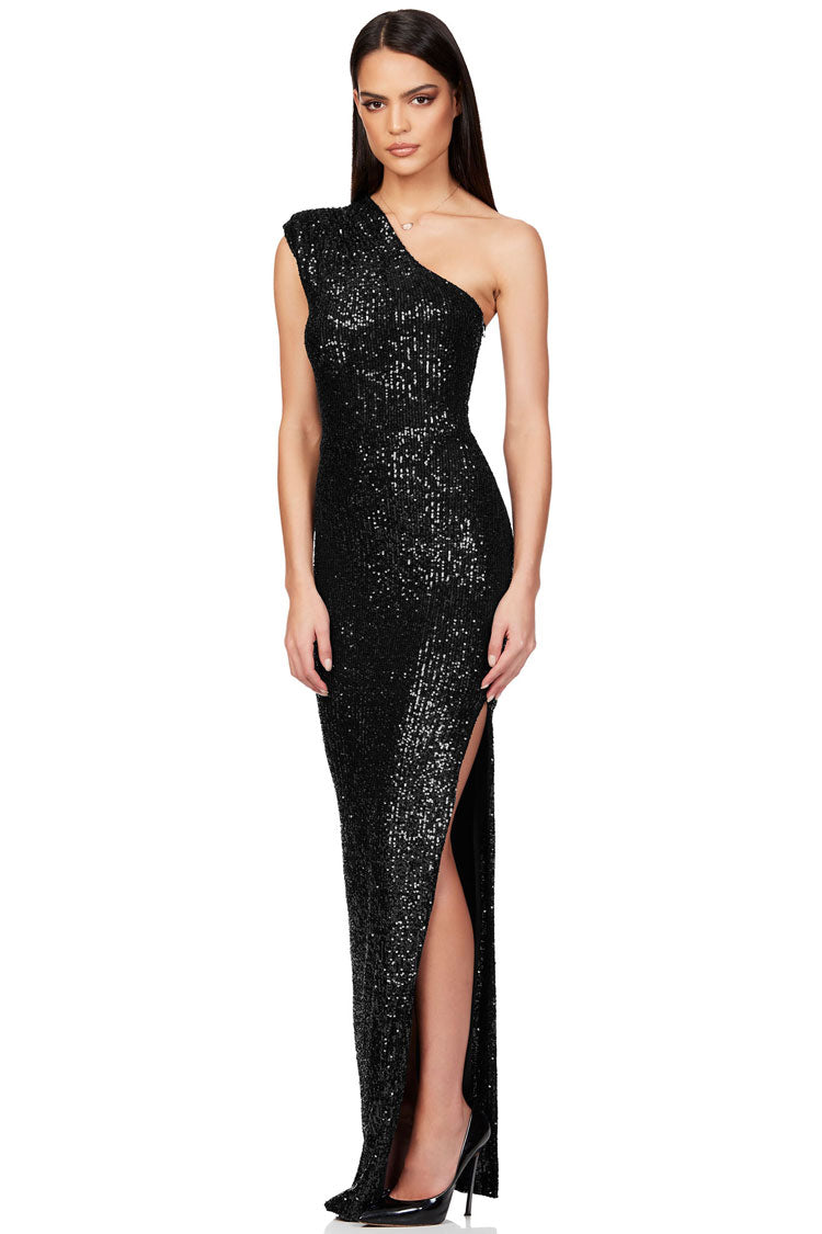 Elegant Padded One Shoulder Split Sequin Evening Maxi Dress - Black  Fashionpara