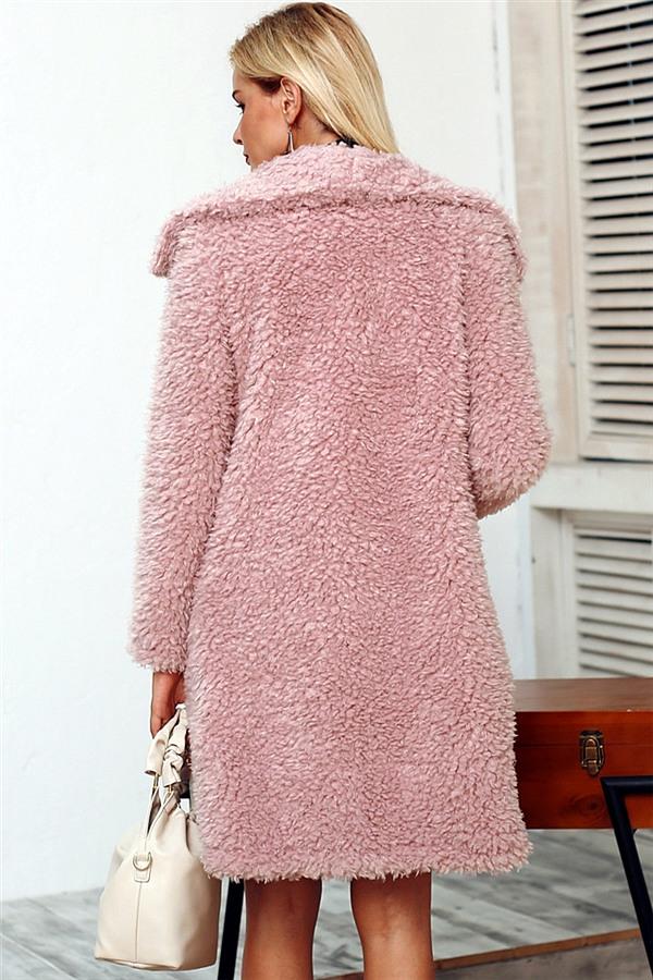 Elegant Pink Long Faux Fur Coat