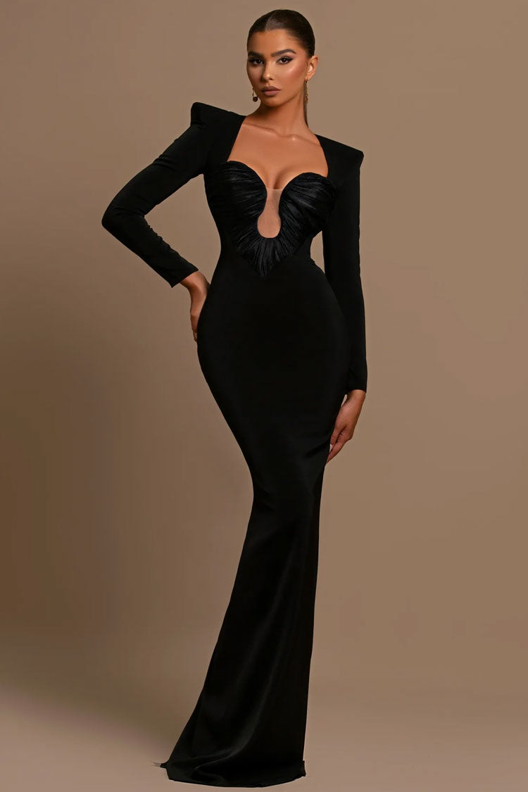 Elegant Pleated Sweetheart Shoulder Pad Bodycon Evening Maxi Dress - Fashionpara