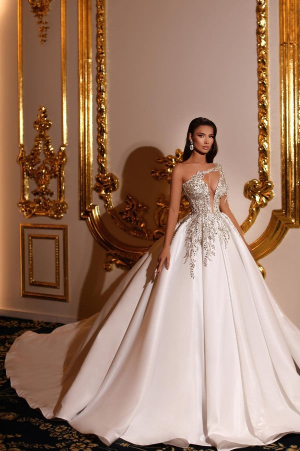 Elegant Princess Long A-Line V-Neck One-Shoulder Satin Wedding Dress - Fashionpara