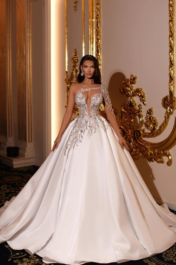 Elegant Princess Long A-Line V-Neck One-Shoulder Satin Wedding Dress - Fashionpara