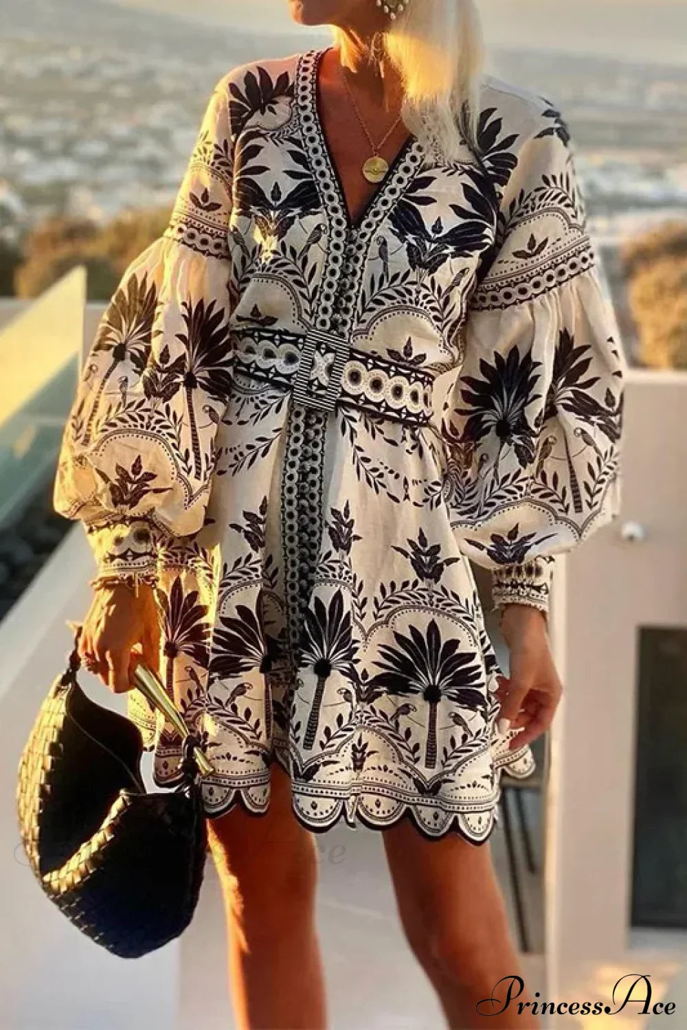 Elegant Print V-neck A-line Boho Dress Black / S bohodress-250126