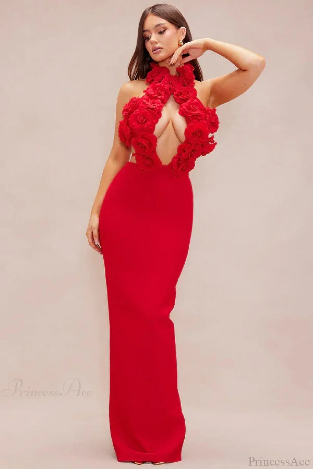 Floral Appliqué Halter Neck Mermaid Gown