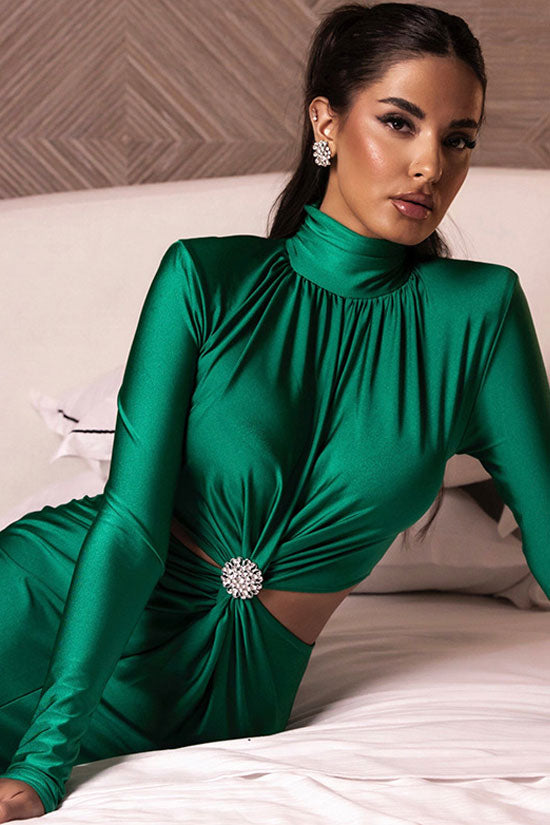 Rhinestone Twist Cutout Waist Cocktail Midi Dress - Green - View 4
