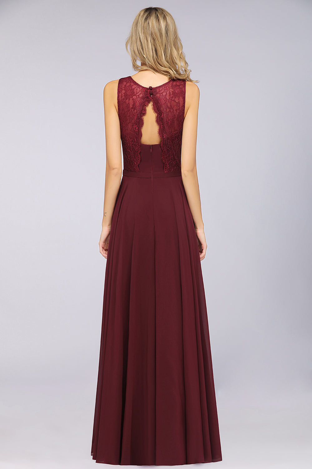 Elegant Roud Neckline Sleeveless Burgundy Lace Bridesmaid Dresses - Fashionpara