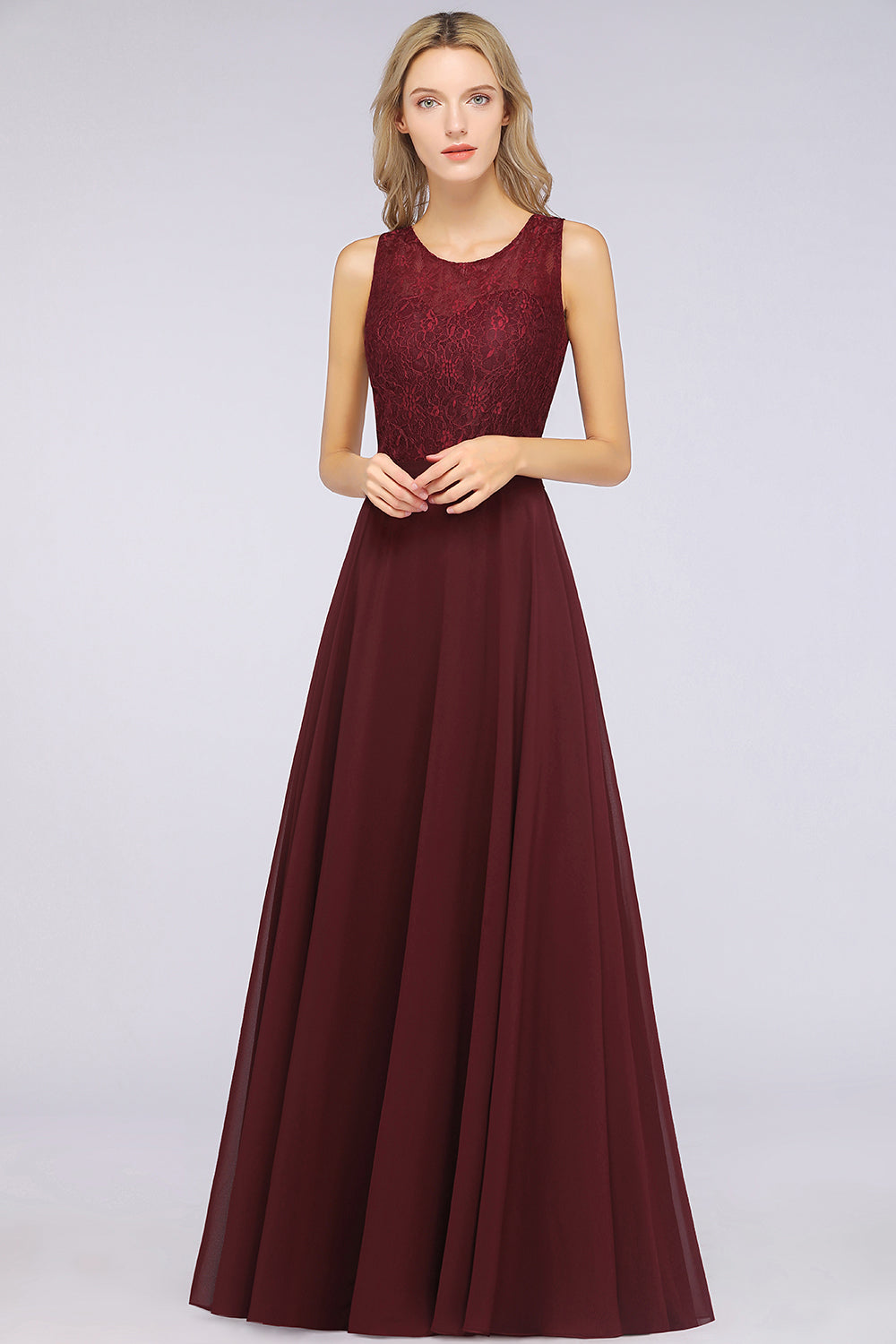 Elegant Roud Neckline Sleeveless Burgundy Lace Bridesmaid Dresses - Fashionpara