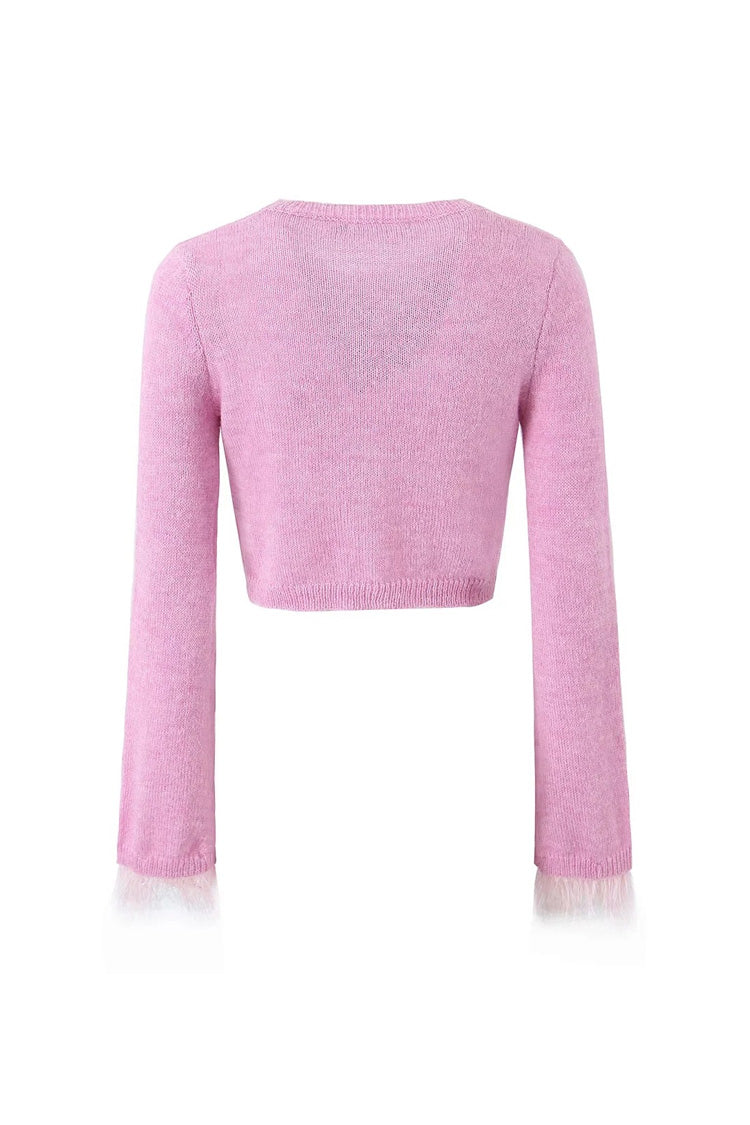 Rosedress Elegant Feather Trim Long Sleeve Knit Cardigan