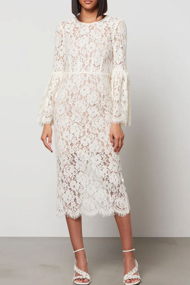 Eyelash Lace Round Neck Bell Sleeve Sheath Midi Dress