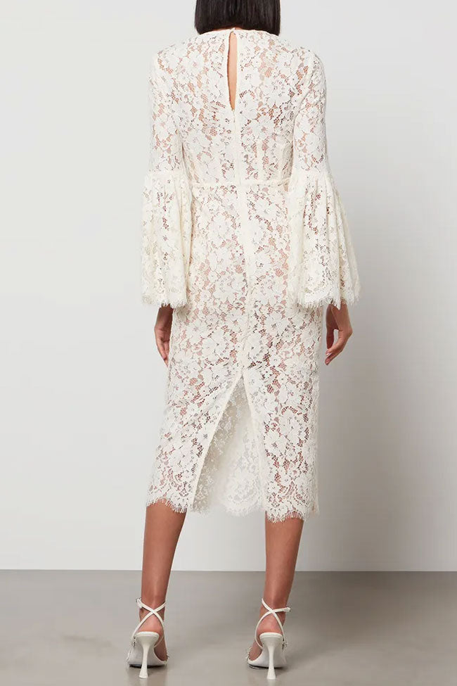 Eyelash Lace Round Neck Bell Sleeve Sheath Midi Dress 2