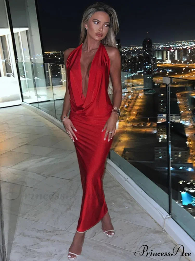 Elegant Satin Deep V Neck Sleeveless Maxi Christmas Party Dress Dresses-L