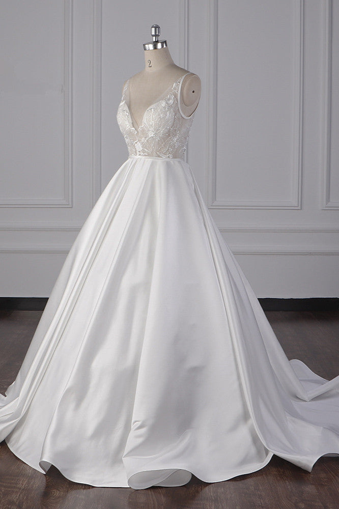 Elegant Satin V-Neck Wedding Dress Lace Appliques Sleeveless Bridal Gowns On Sale - Fashionpara