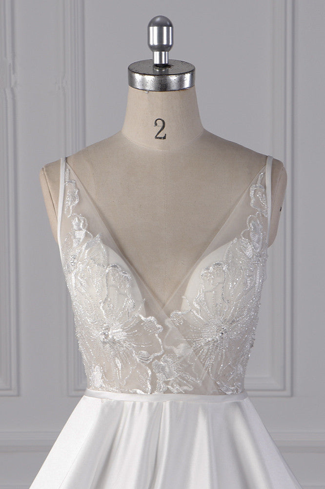 Elegant Satin V-Neck Wedding Dress Lace Appliques Sleeveless Bridal Gowns On Sale - Fashionpara