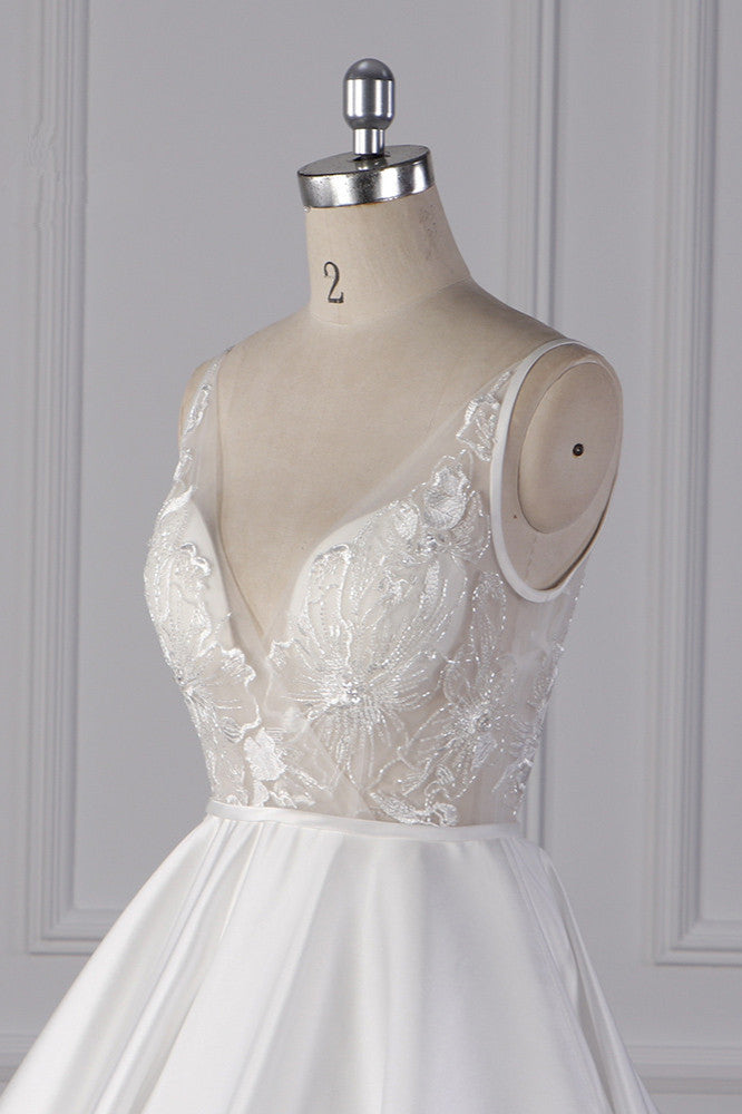 Elegant Satin V-Neck Wedding Dress Lace Appliques Sleeveless Bridal Gowns On Sale - Fashionpara