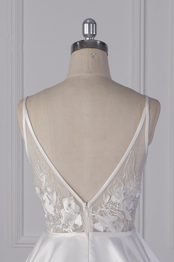 Elegant Satin V-Neck Wedding Dress Lace Appliques Sleeveless Bridal Gowns On Sale - Fashionpara