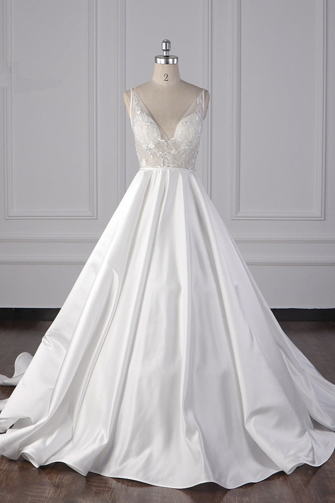 Elegant Satin V-Neck Wedding Dress Lace Appliques Sleeveless Bridal Gowns On Sale - Fashionpara