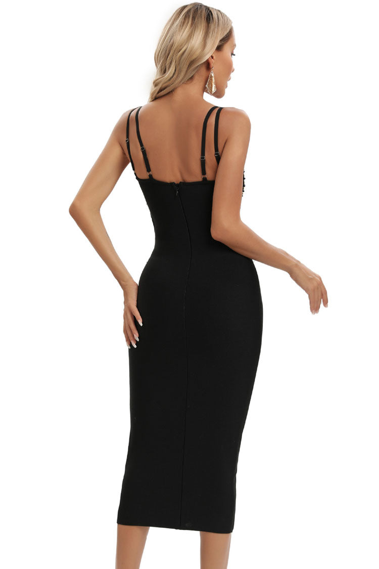 Elegant Seashells Sweetheart Cutout Bandage Sleeveless Midi Dress - Black - Fashionpara