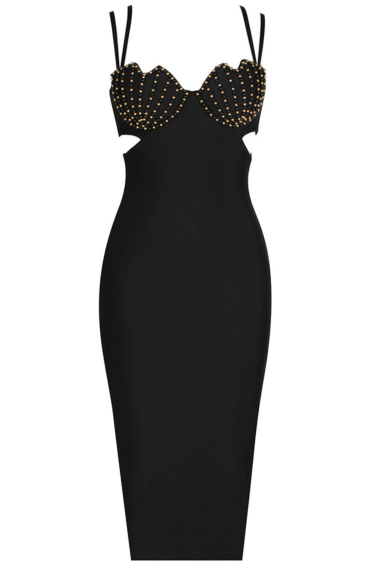 Elegant Seashells Sweetheart Cutout Bandage Sleeveless Midi Dress - Black - Fashionpara