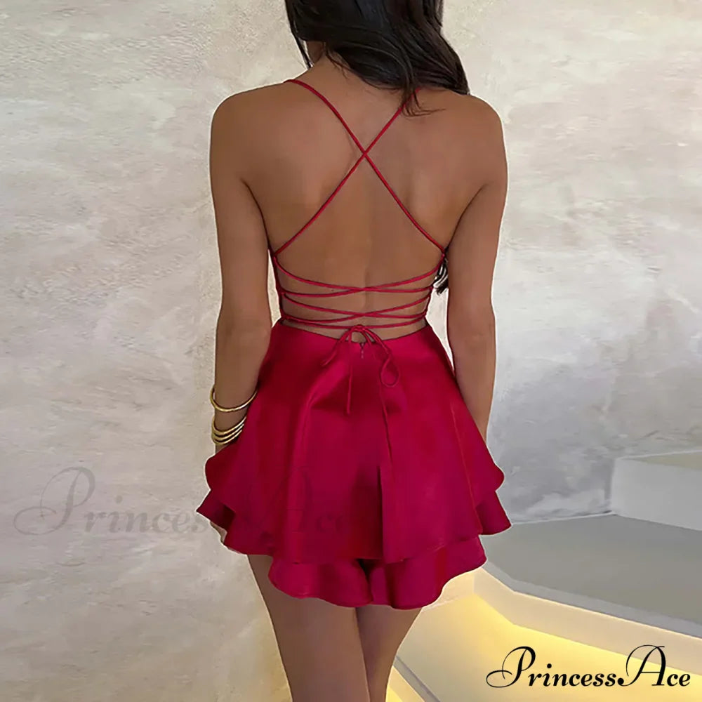 Elegant Sexy Backless Ruffled Halter Red Skirt Summer Evening Party Christmas Party Dress