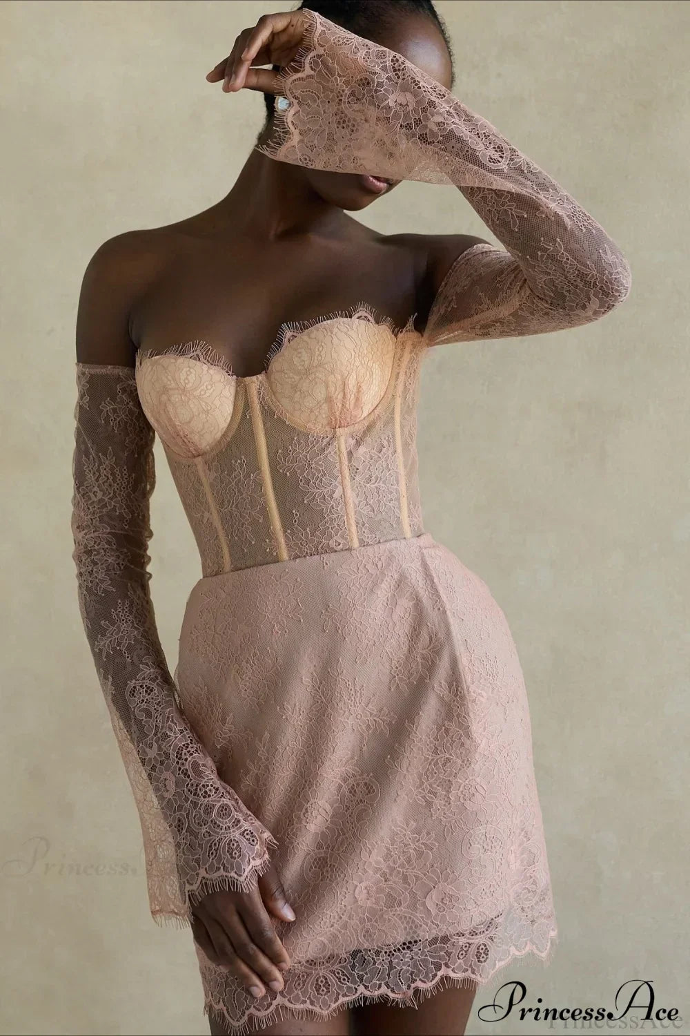 Lace Strapless Long Sleeve Corset Mini Dress