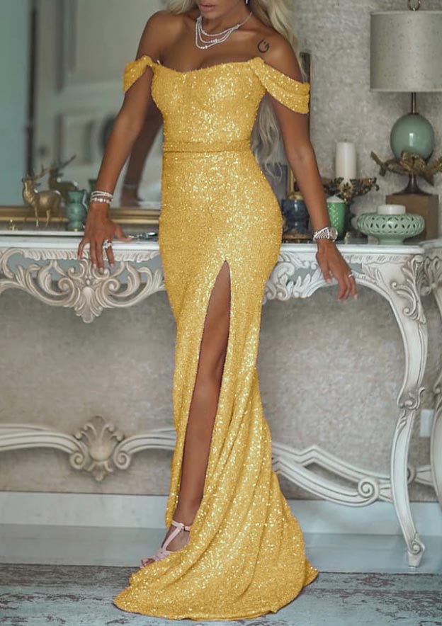 Elegant Shimmer Sequined Trumpet/Mermaid Off-the-Shoulder Prom Dress/Evening Dress with Split Sashes and Sweep Train - Fashionpara