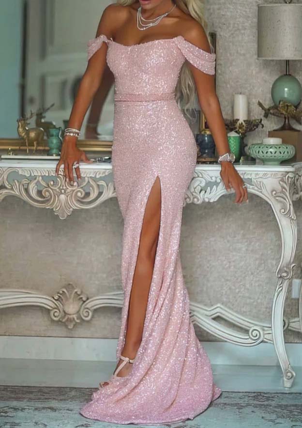 Elegant Shimmer Sequined Trumpet/Mermaid Off-the-Shoulder Prom Dress/Evening Dress with Split Sashes and Sweep Train - Fashionpara