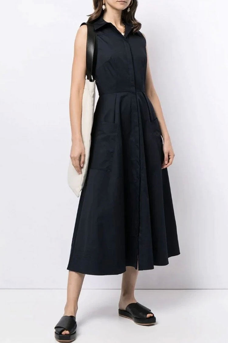 Elegant Sleeveless Cargo Pocket Button Down Skater Midi Dress - Black Fashionpara