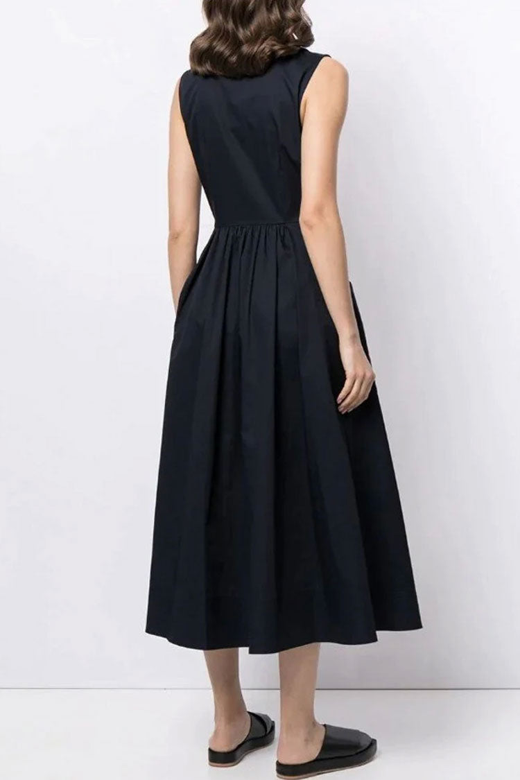 Elegant Sleeveless Cargo Pocket Button Down Skater Midi Dress - Black Fashionpara