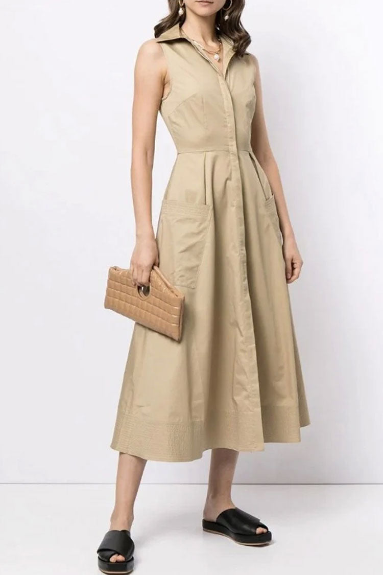 Elegant Sleeveless Cargo Pocket Button Down Skater Midi Dress - Khaki Fashionpara