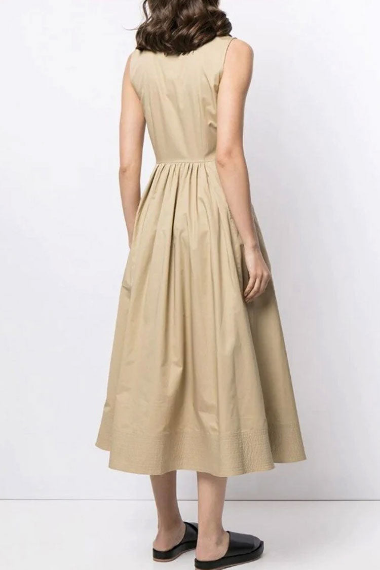 Elegant Sleeveless Cargo Pocket Button Down Skater Midi Dress - Khaki Fashionpara