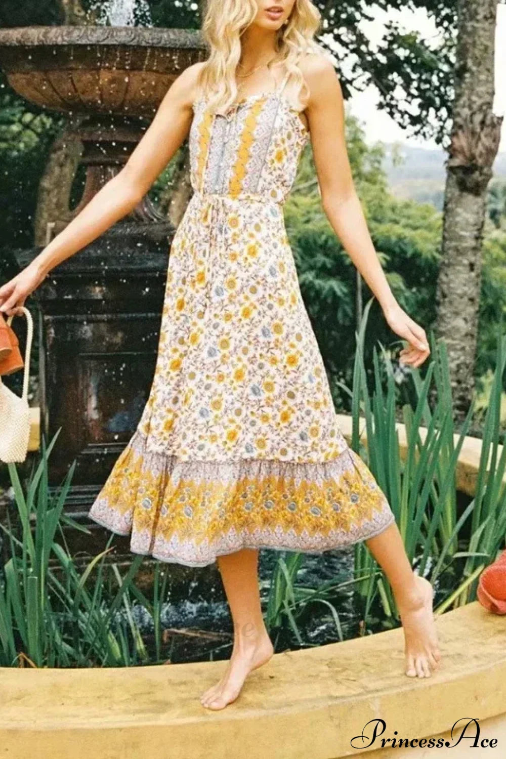 Elegant Sleeveless Floral Rayon Cotton Midi Boho Dress YELLOW / S bohodress-250126