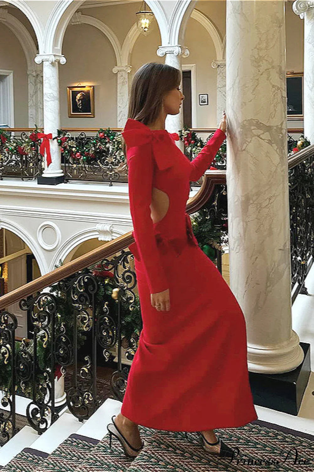 Elegant Solid Bow Cutout Slit Bodycon Backless Maxi Dress