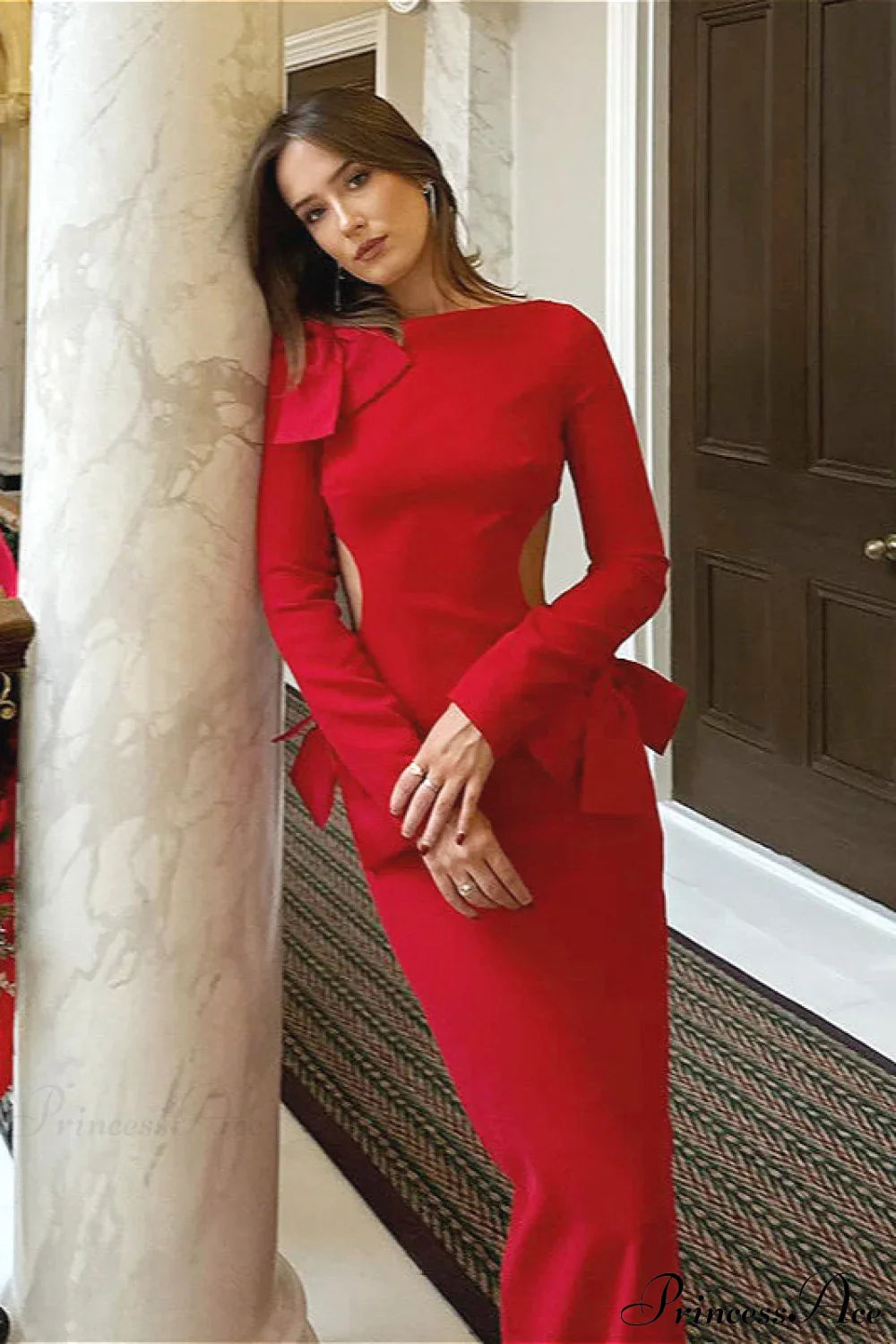 Elegant Solid Bow Cutout Slit Bodycon Backless Maxi Dress