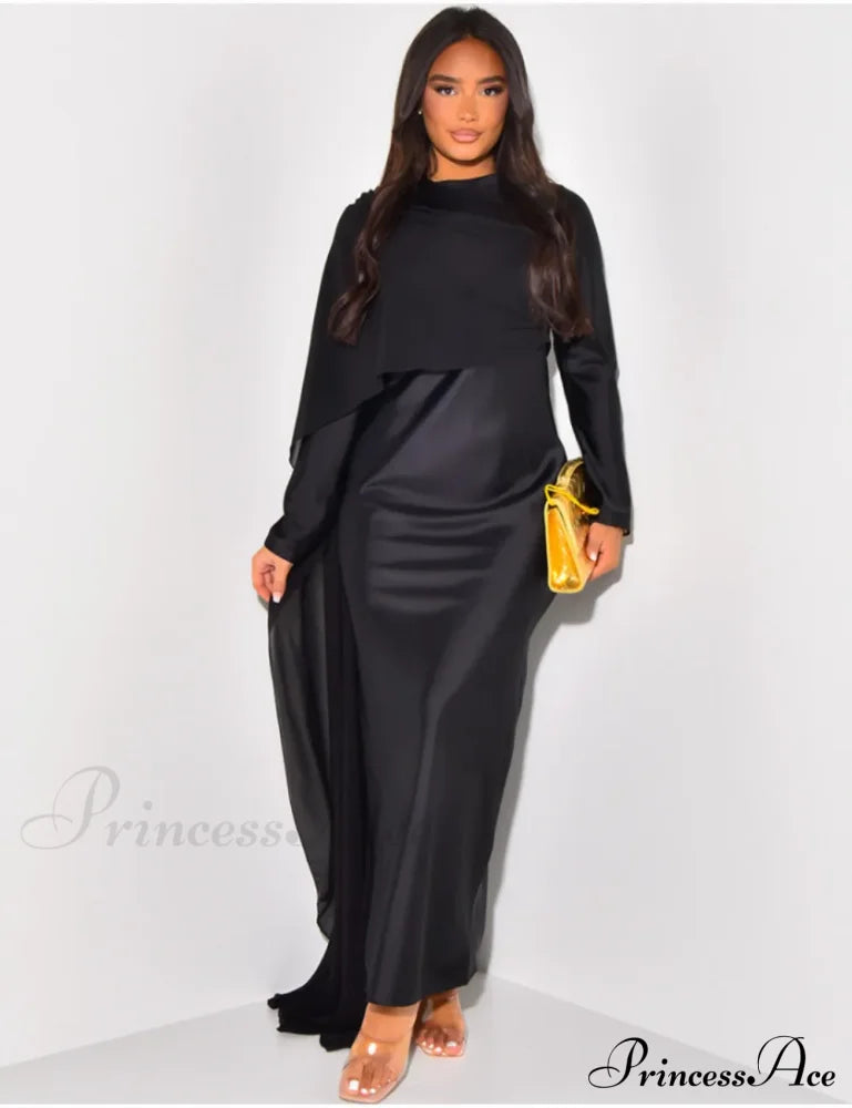 Elegant Solid Color Round Neck High Waist Swing Red Christmas Party Dress Black / S Dresses-L