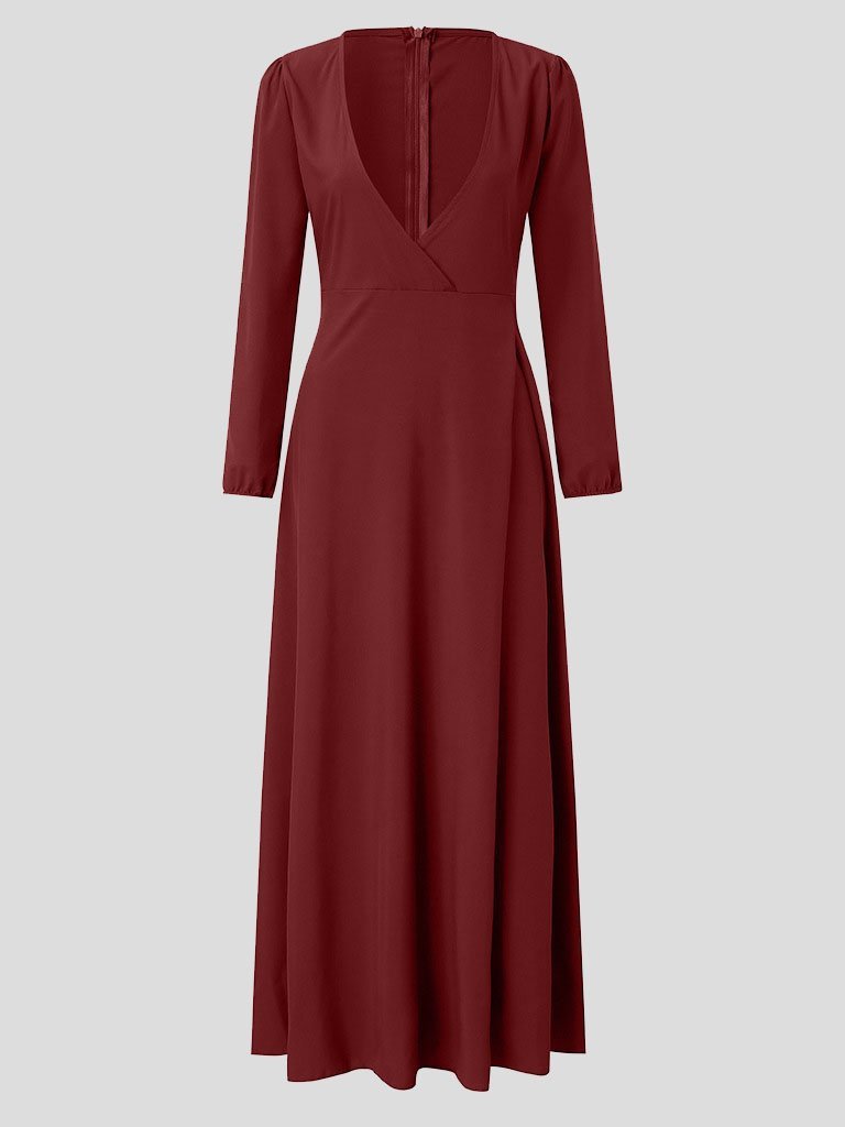 V-Neck Long Sleeve Wrap Tie-Waist Maxi Gown