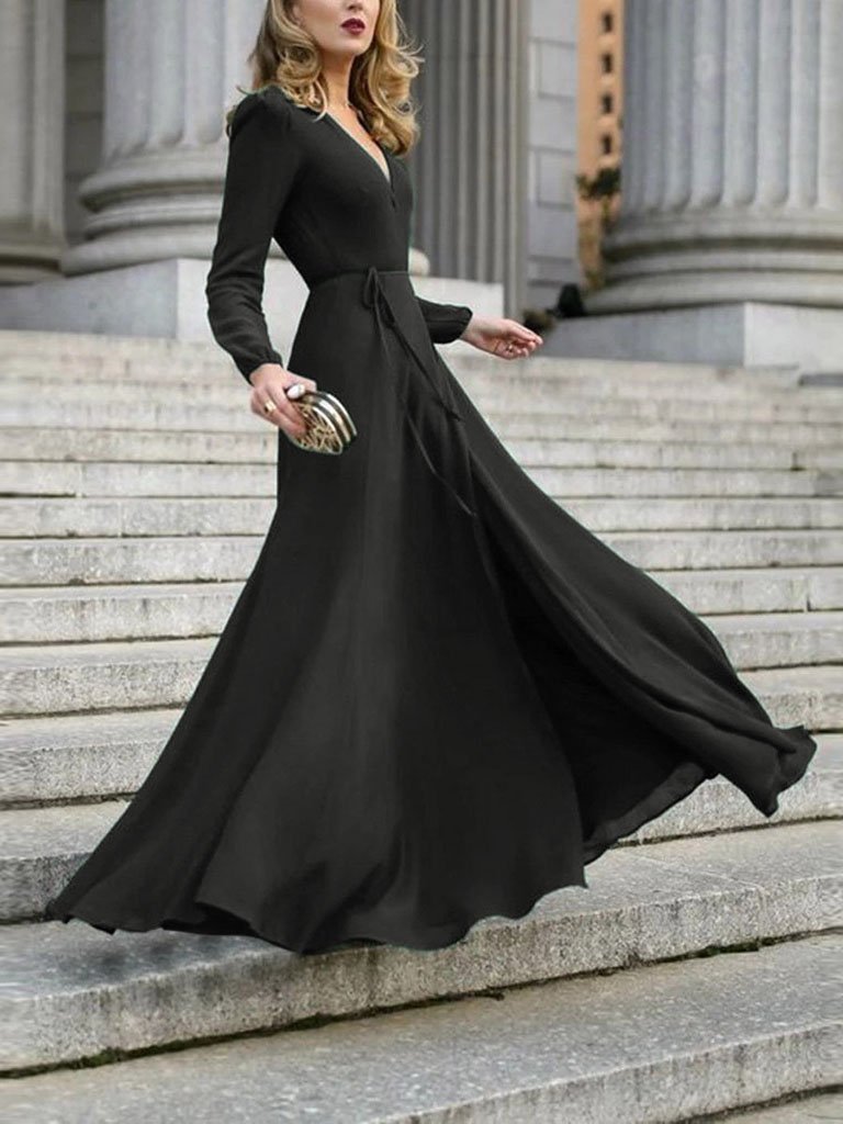 V-Neck Long Sleeve Wrap Tie-Waist Maxi Gown