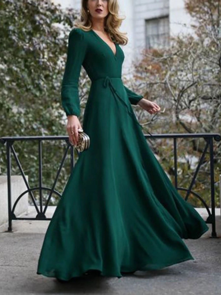 V-Neck Long Sleeve Wrap Tie-Waist Maxi Gown